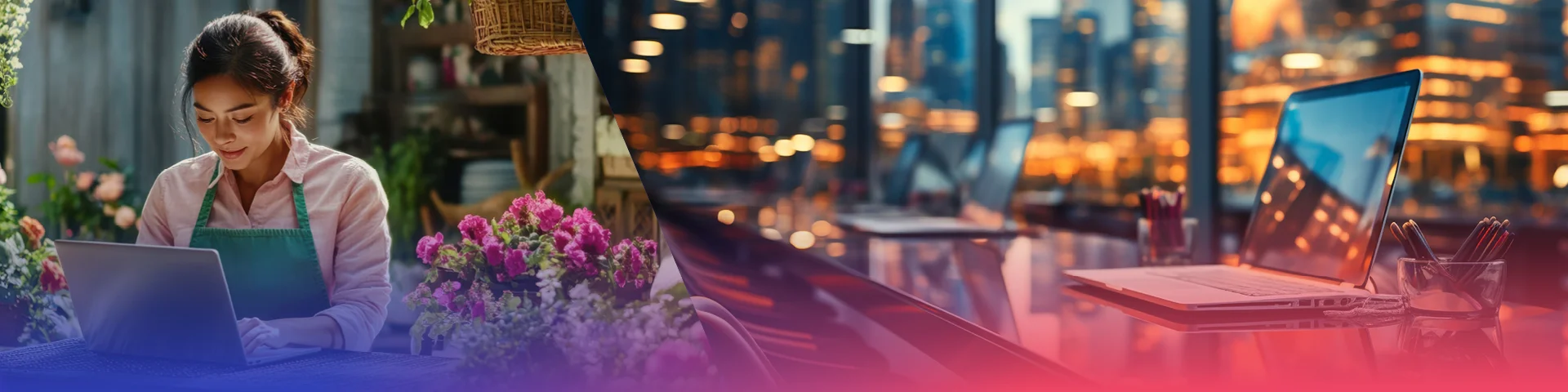 Woman typing on laptop with flowers in the foreground, modern city skyline visible in the background