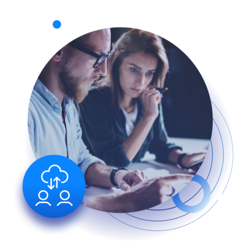 Two professionals collaborating at a table, focusing on documents with icons for cloud upload and user interaction.