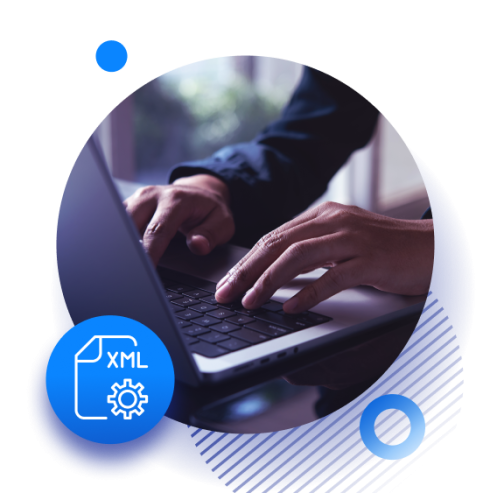 Person typing on laptop with XML file icon in blue circle, surrounded by abstract graphic elements.
