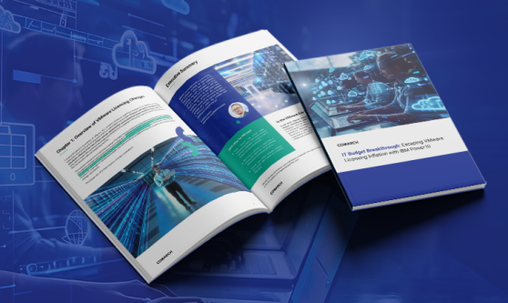 Open book displaying technology report with data visualizations on blue background.